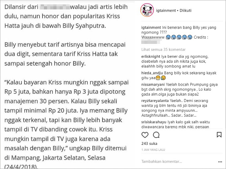 Pamer Honor, Billy Syahputra Dicibir Sombong