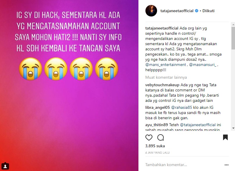 Tata Janeeta Ungkap Instagram Pribadinya Dibobol