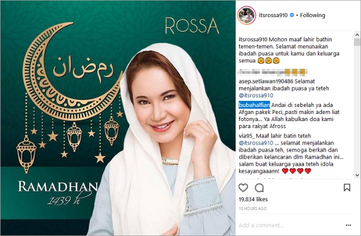 Komentar Bubah Alfian di Instagram Rossa