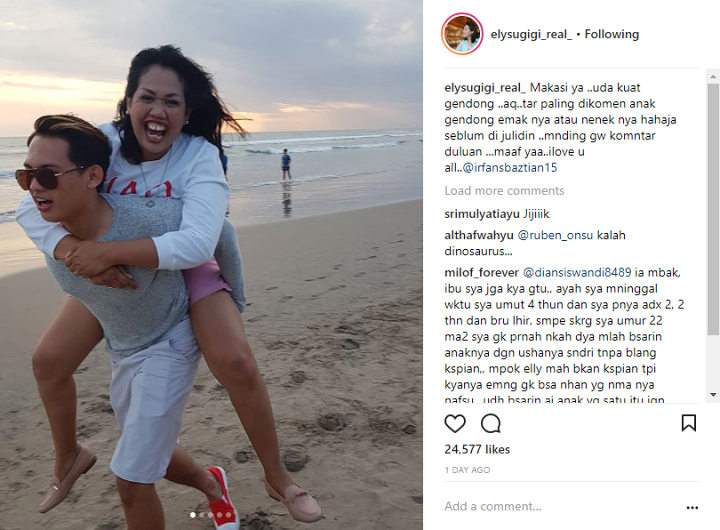 Ely Sugigi digendong Irfan Sbaztian