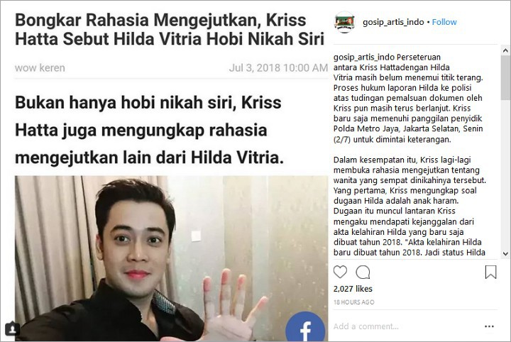 Biasa Dibela, Kriss Hatta Dicibir Netter Usai Sebut Hilda Vitria Hobi Nikah Siri
