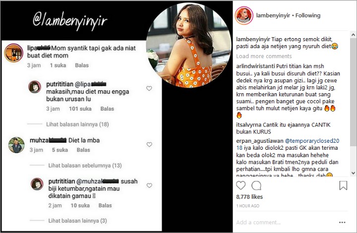 Dicibir Suruh Diet, Putri Titian Balas Komentar dan Dapat Dukungan Warganet Lain