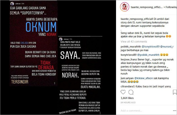 Sebut Oknum Suporter Bola Norak, Instagram El Rumi Diserang?