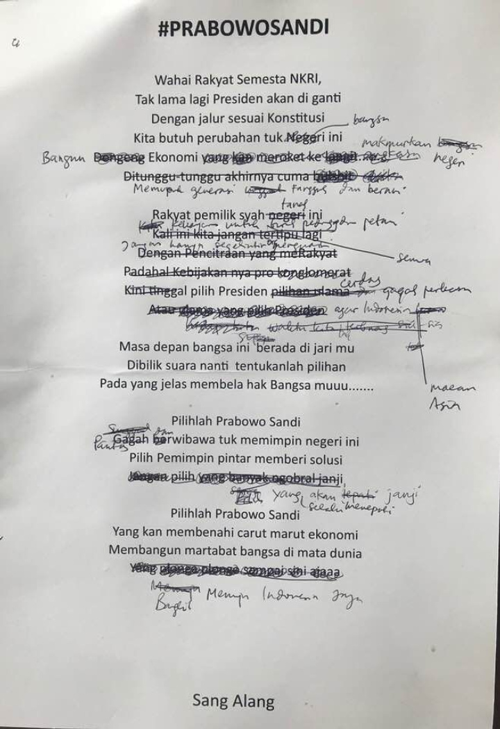 Lirik Lagu Sang Alang yang Dicoret Prabowo