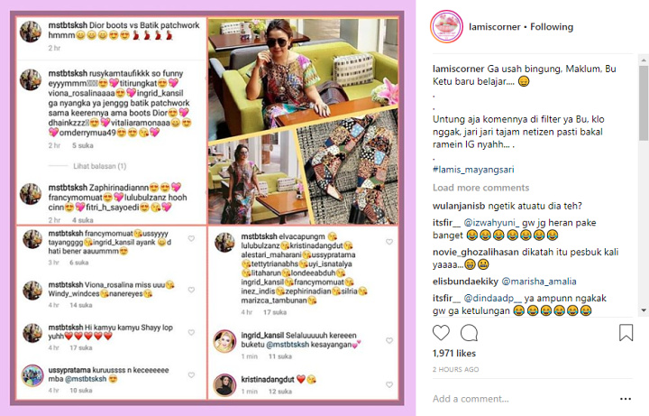 Balasan Mayangsari pada Komentar Unggahan Foto Instagramnya