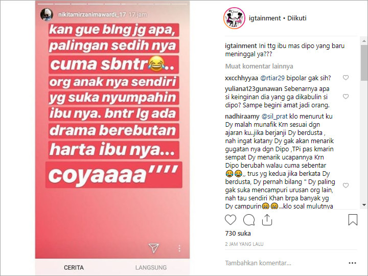 Diduga Sindir Dipo Latief \'Bahagia\' Usai Ibunda Meninggal, Nikita Mirzani Balik Dicibir Netter