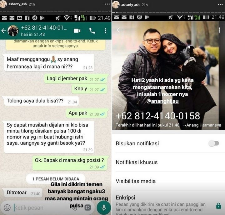 Ashanty Ngamuk nama Anang Dicatut Penipuan