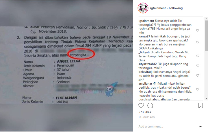 Beredar Surat Penetapan Angel Lelga Sebagai Tersangka, Netter Tanggapi Sinis