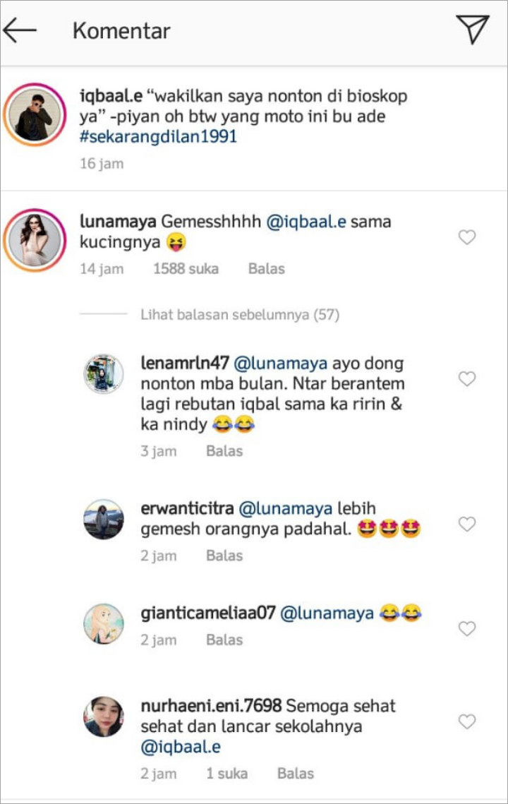 Komentar Luna Maya di IG Iqbaal