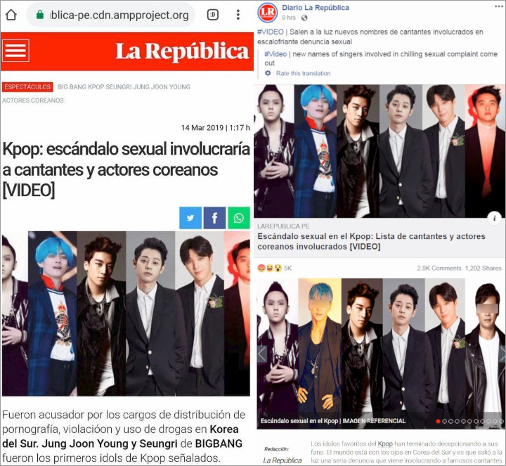 Media Peru Pasang Foto V BTS dan D.O. EXO di Berita Skandal Seungri