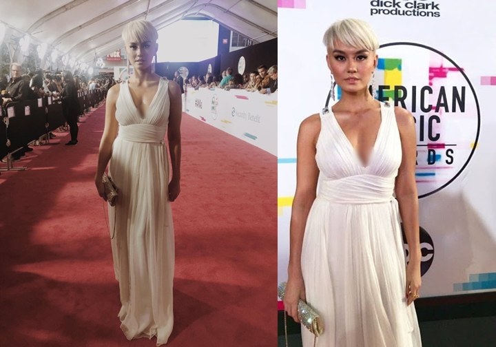 Gaya Agnes Pakai Rambut Gaya Platinum Blonde Serasi Nih Dengan Dress Seksi Putih