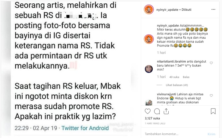 Cuitan Soal Artis Minta Diskon RS