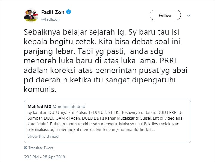 Fadli Zon Soal Prabowo Menang di Provinsi Bekas Garis Keras: Sebaiknya Mahfud Belajar Sejarah