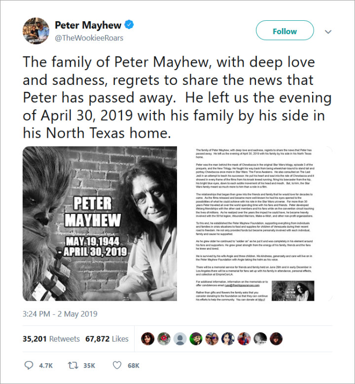 Peter Mayhew Aktor Pemeran Chewbacca di Seri \'Star Wars\' Meninggal Dunia