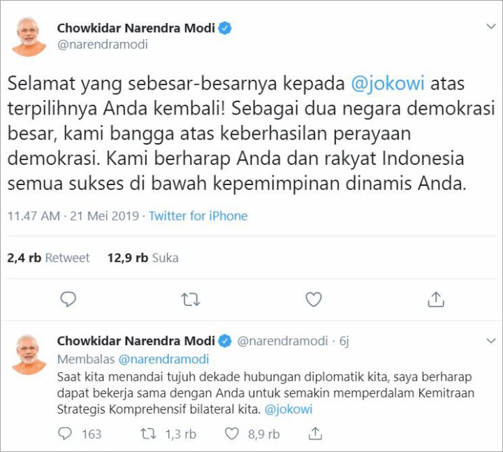 Pakai Bahasa Indonesia, PM India Narendra Modi Beri Selamat ke Jokowi yang Telah Menang Pilpres
