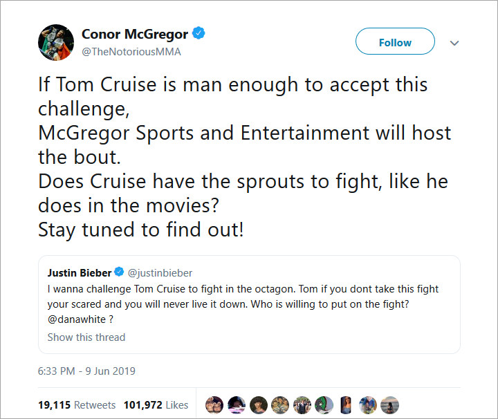 Justin Bieber Mendadak Tantang Tom Cruise Duel di Ring UFC, Petinju Conor McGregor Ikut Berkomentar