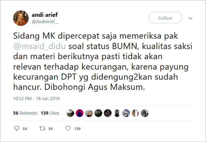 Andi Arief Sindir Saksi Tim Hukum Prabowo-Sandi Agus Maksum: Jutaan Rakyat \'Tertipu\'