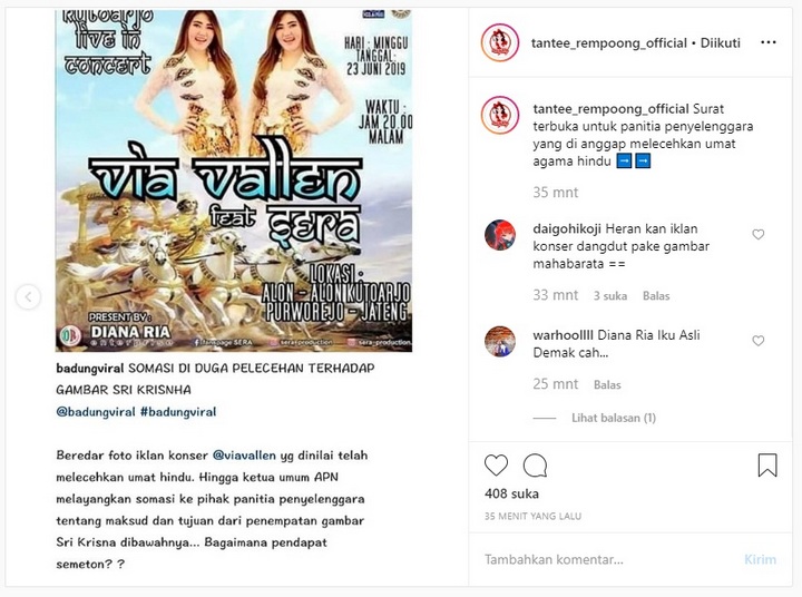 Poster Iklan Konser Via Vallen Dianggap Lecehkan Umat Hindu, Pihak Panitia Kena Somasi