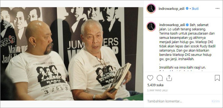 Rudy Badil Pendiri Warkop DKI Meninggal Dunia, Indro Warkop Tulis Ucapan Duka