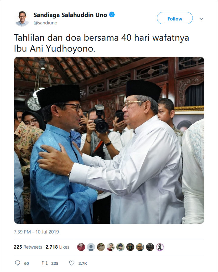 Hadiri Doa Bersama 40 Hari Wafatnya Ani Yudhoyono, Sandiaga Uno Banjir Pujian