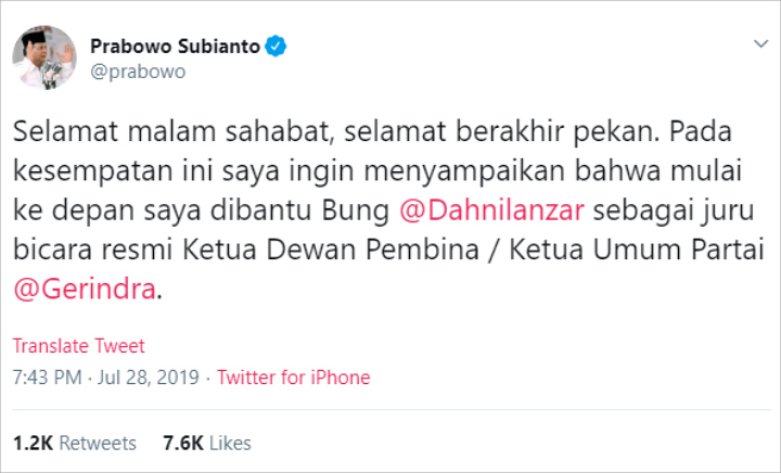 Prabowo Tunjuk Dahnil Anzar Jadi Jubir Resmi Ketum Gerindra
