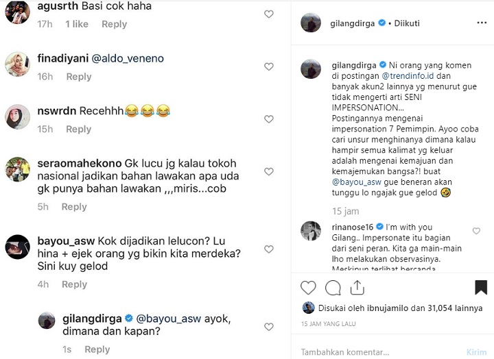Gilang Dirga Postingan dan Rina Nose Komentar