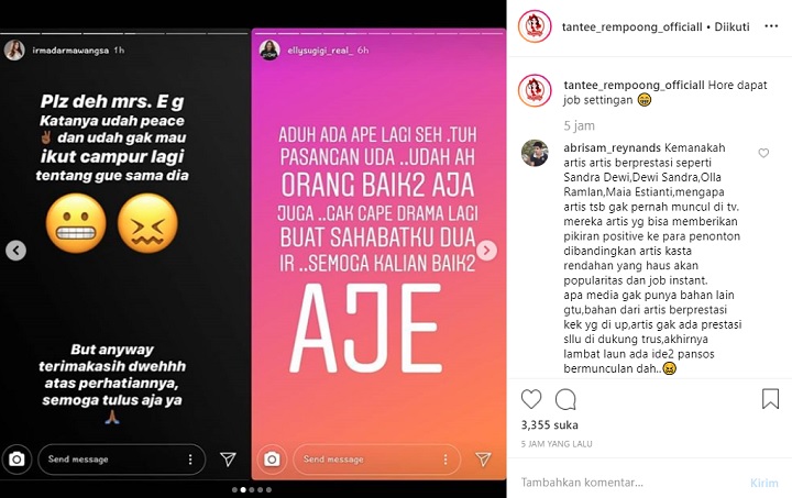 InstaStory Irma Darmawangsa dan Ely Sugigi