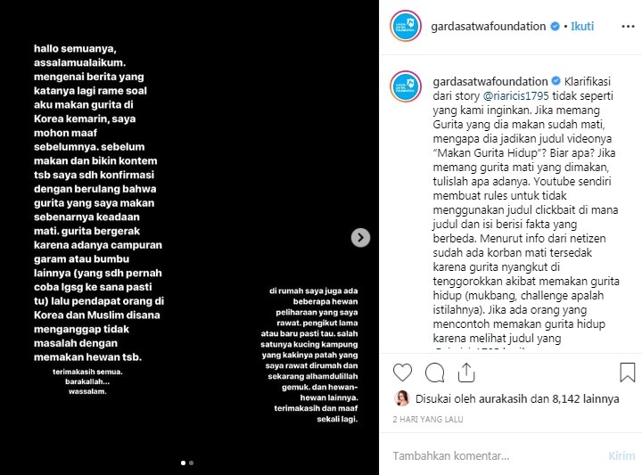 Ria Ricis Didesak Hapus Video Makan Gurita \'Hidup\' Meski Sudah Beri Klarifikasi dan Minta Maaf