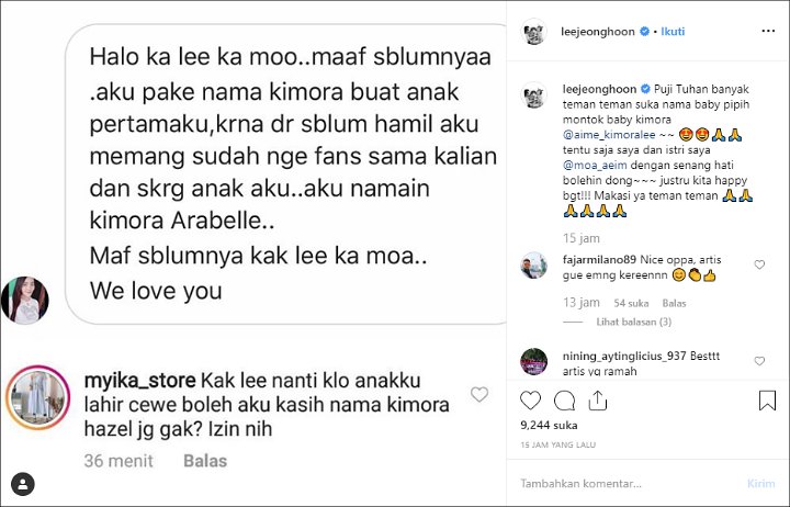 Lee Jeong Hoon Ijinkan Fans Gunakan Nama Anaknya