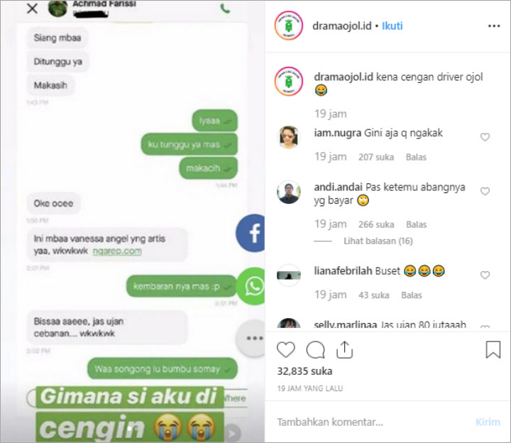 Chat Vanessa Angel dan Driver Ojek Online
