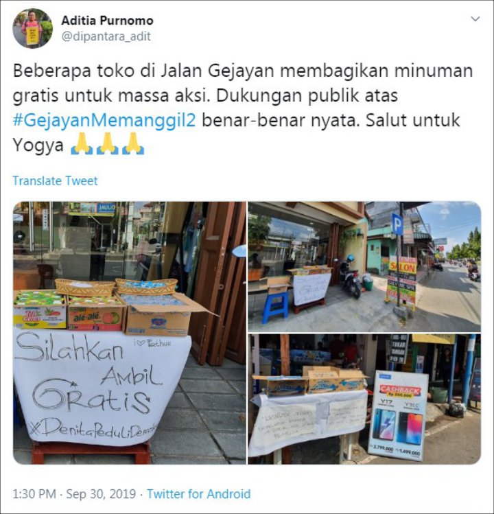 Beberapa Toko Bagikan Minuman Gratis Untuk Massa Aksi Gejayan Memanggil Jilid Dua, Warganet Terenyuh