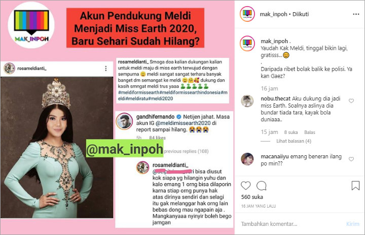 Akun Pendukung Rosa Meldianti Jadi Miss Earth 2020 Baru Sehari Sudah Hilang Dari Instagram?