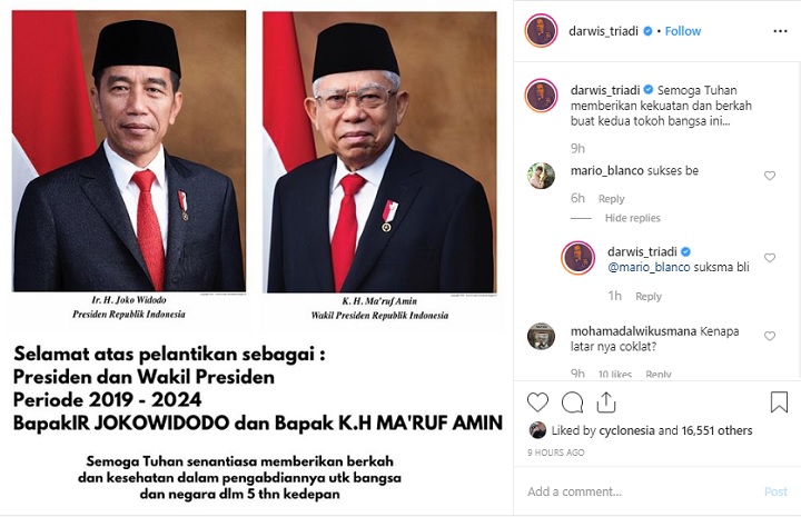 Latar Foto Resmi Jokowi-Ma\'ruf Diprotes, Darwis Triadi Beri Reaksi Kocak