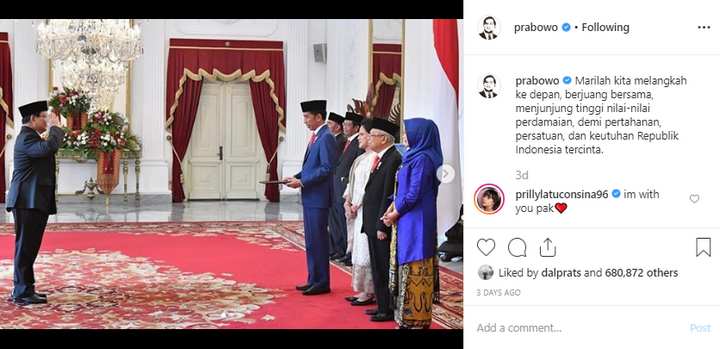 Prilly Latuconsina Komentari Unggahan Prabowo