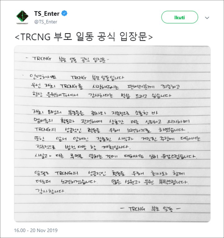 TS Entertainment Rilis Surat Dukungan Dari Orang Tua 8 Member TRCNG, Netter Tolak Percaya