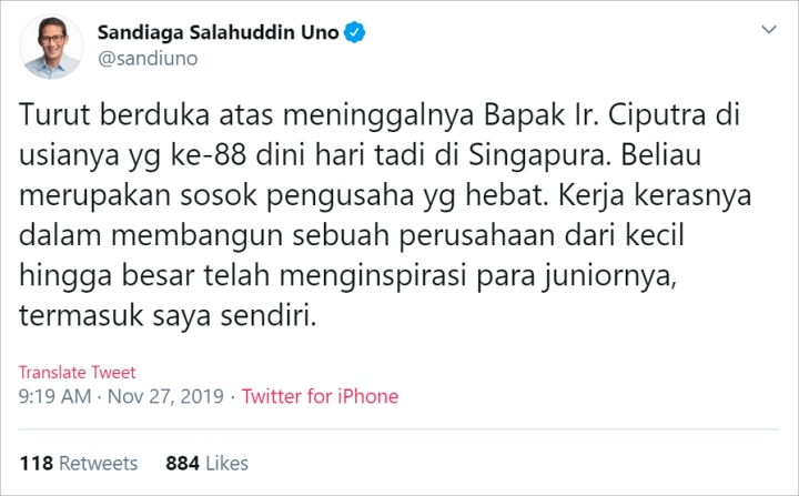 Sandiaga Berduka Cita