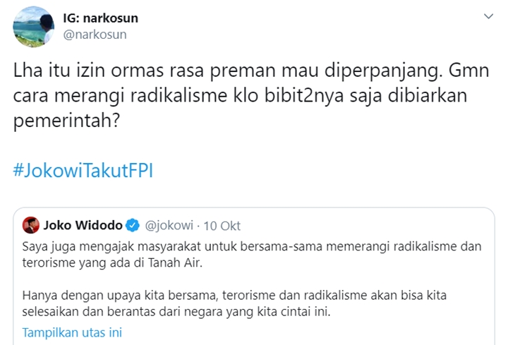 Izin FPI Bakal Diperpanjang, Tagar #JokowiTakutFPI Puncaki Trending Topic-2