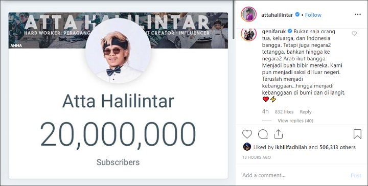 Ibu Atta Halilintar Senang Putranya Jadi Kebanggaan Negara Tetangga Usai Subscriber Tembus 20 Juta