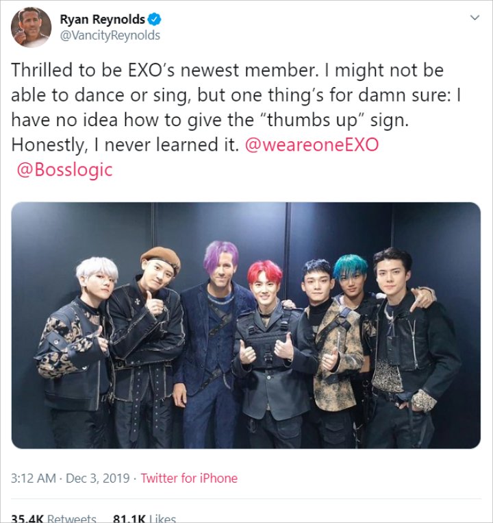 EXO Bahagia Ketemu Ryan Reynolds yang Malah Gabung Jadi Member Baru