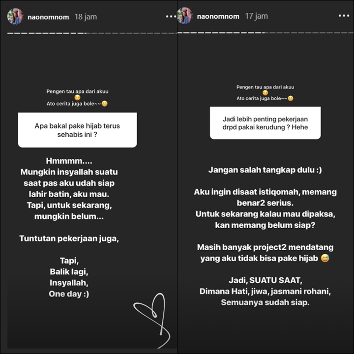 InstaStory Naomi Zaskia Soal Pakai Hijab Usai Umrah