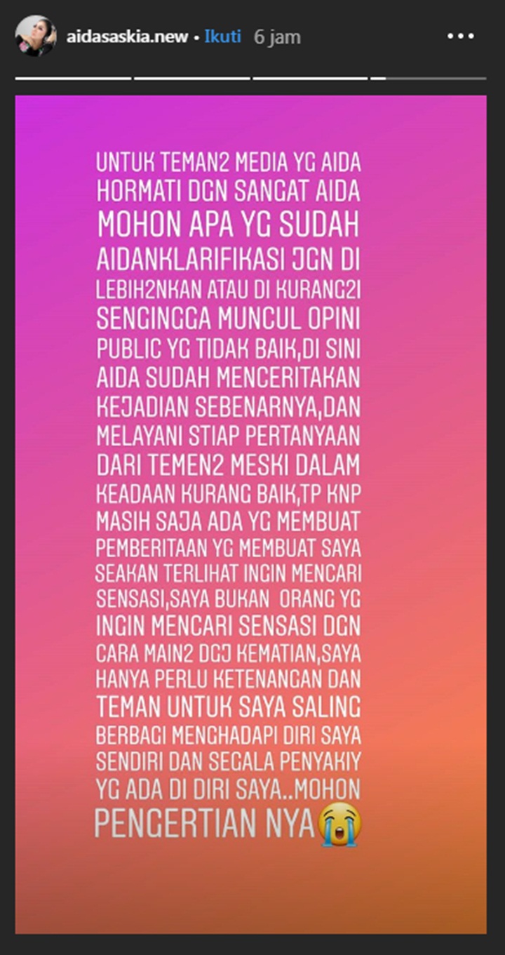 Sudah Klarifikasi Soal Percobaan Bunuh Diri, Aida Saskia Minta Media Tak Menyudutkan Dirinya