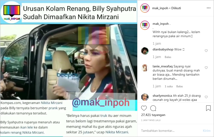 Biaya Perawatan Puluhan Juta, Nikita Mirzani Musuhi Billy Syahputra Gara-Gara Kolam Renang