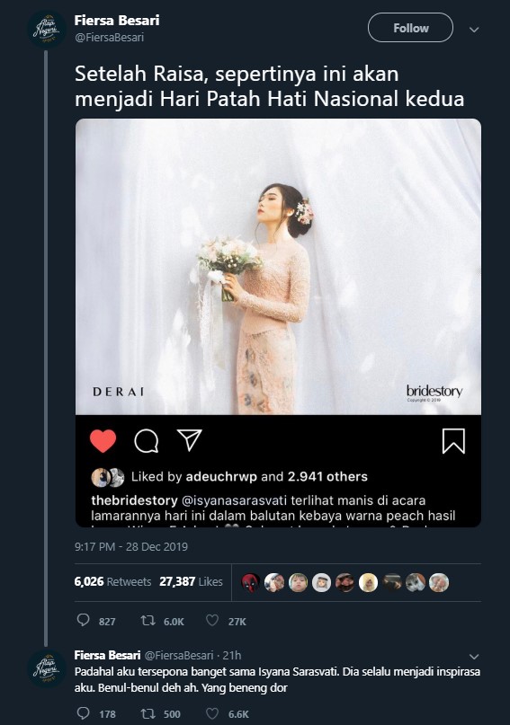 Isyana Sarasvati Lamaran, Fiersa Besari Sebut Jadi Hari Patah Hati Nasional Kedua