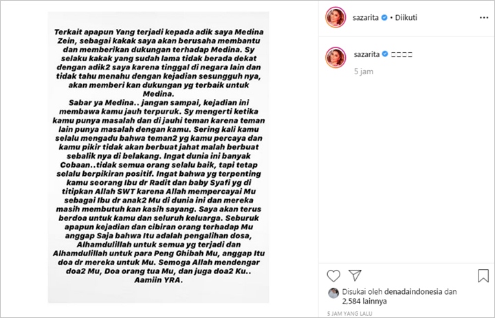 Sarah Azhari Beri Dukungan Untuk Medina Zein, Minta Tetap Bersyukur Atas Semua Ujian dan Cibiran