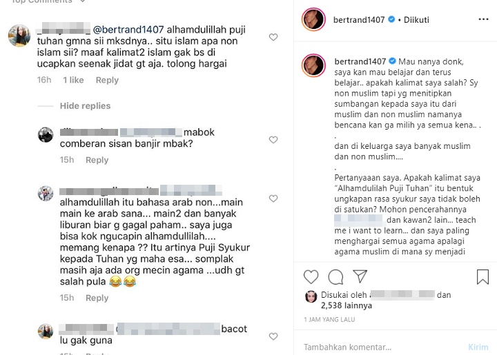 Komentar Netizen Soal Bertrand Ucapkan Alhamdulillah