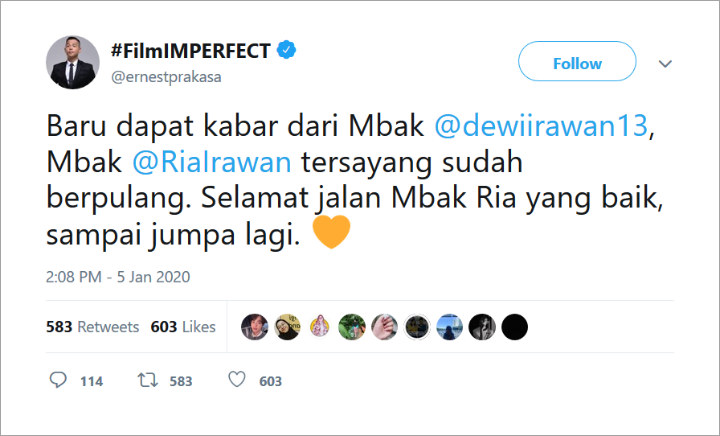 Postingan Ernest Prakasa Kabarkan Ria Irawan Meninggal Dunia
