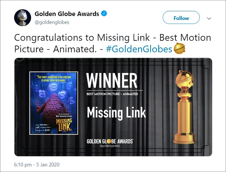 Golden Globes 2020: Kemenangan \'Missing Link\' Jadi Film Animasi Terbaik Malah Banjir Kritik Tajam
