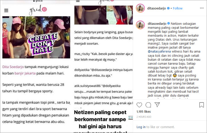 Postingan Dita Soedarjo Soal Salah Kostum Saat Kunjungi Korban Banjir Jakarta
