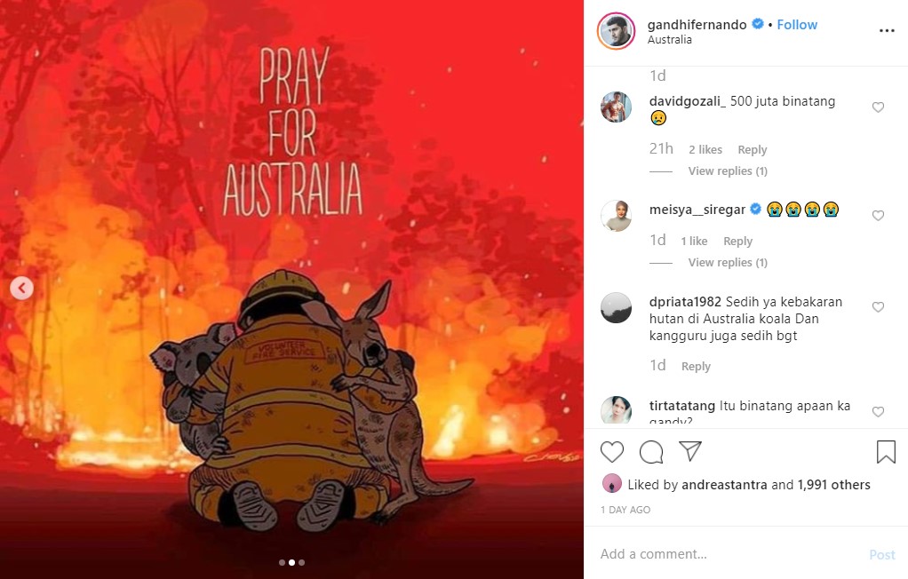 Gandhi Fernando Ajak Followers Salurkan Donasi Untuk Australia