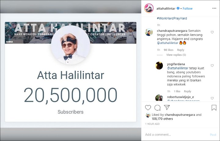 Channel YouTube Atta Halilintar Capai 20 Juta Lebih Subscriber, Dapat Dukungan Dari Motivator Ini